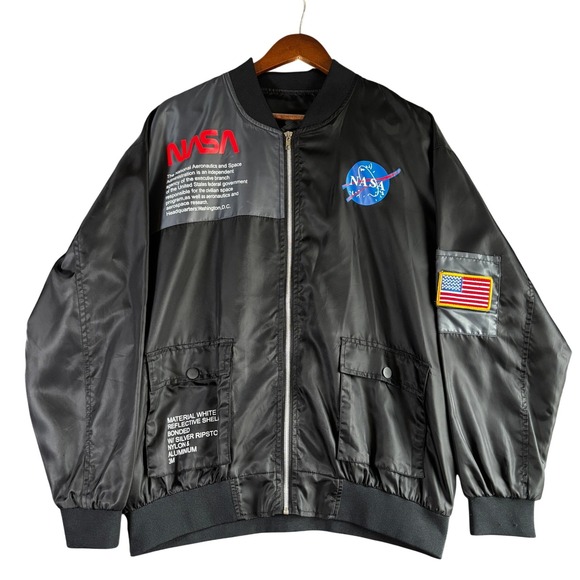 NASA Bomber Jacket Black Mens Size L Space Exploration MA1 Style
